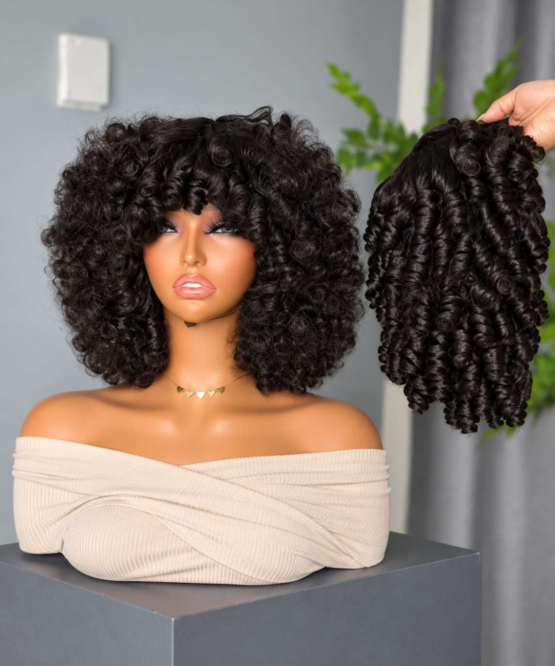 10 Inch Bouncy Curl Human Hair Wig – Black & Brown