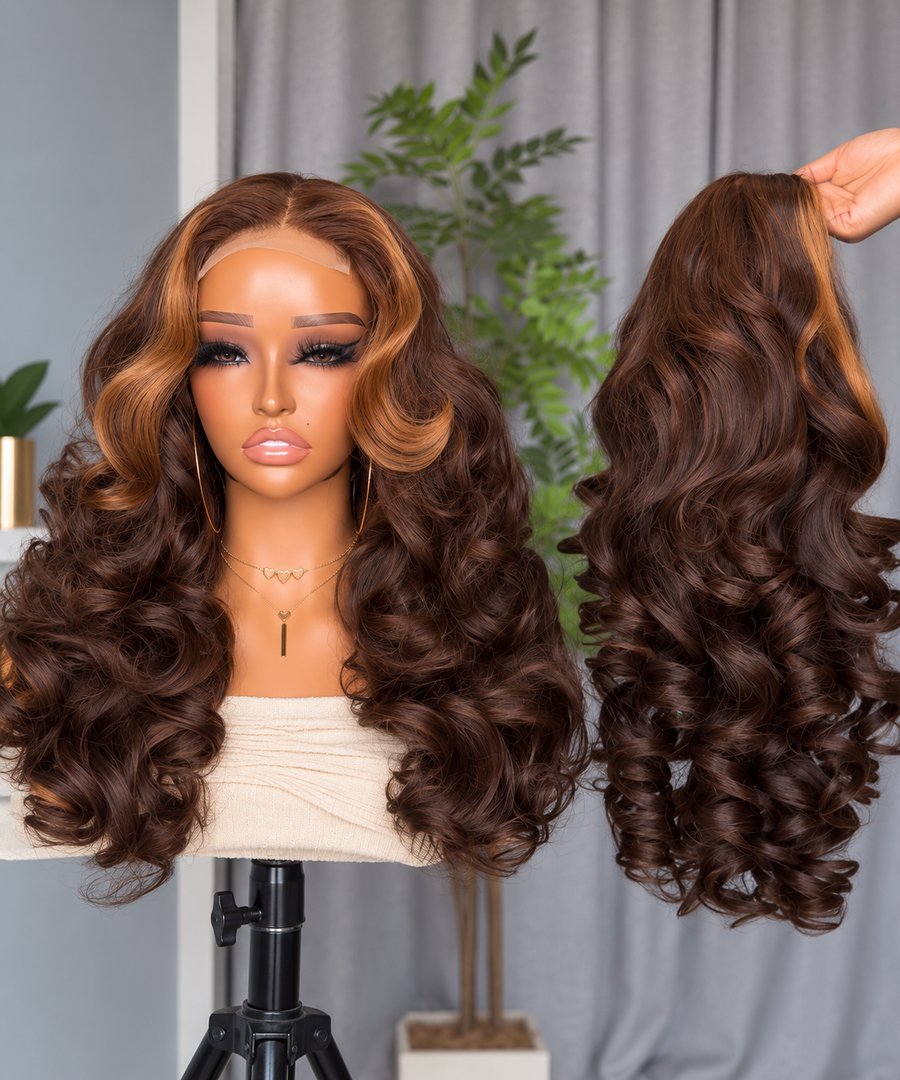 20 Inch Brown & Honey Highlight Bouncy Curl 5x5 Lace Closure Human Hair Wig