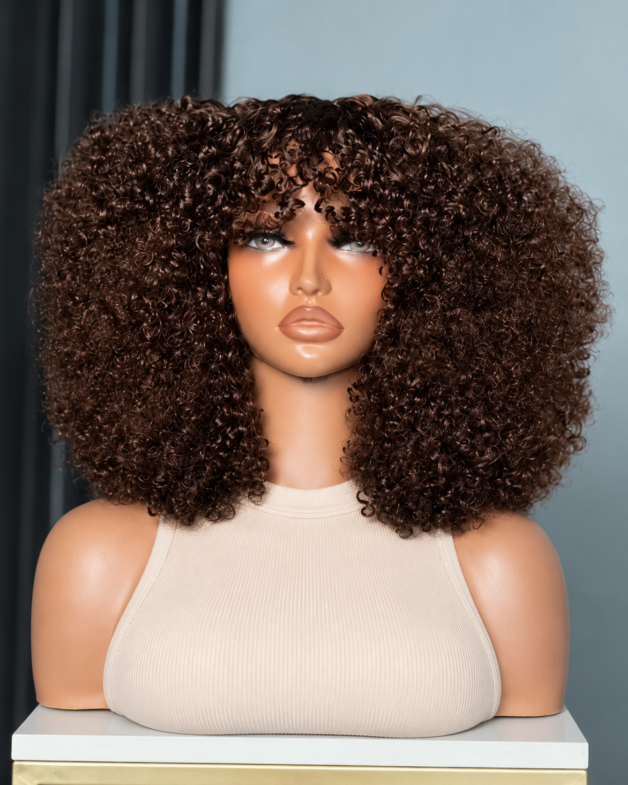 12 Inch Chocolate Brown Curly Human Hair Wig – Full & Voluminous