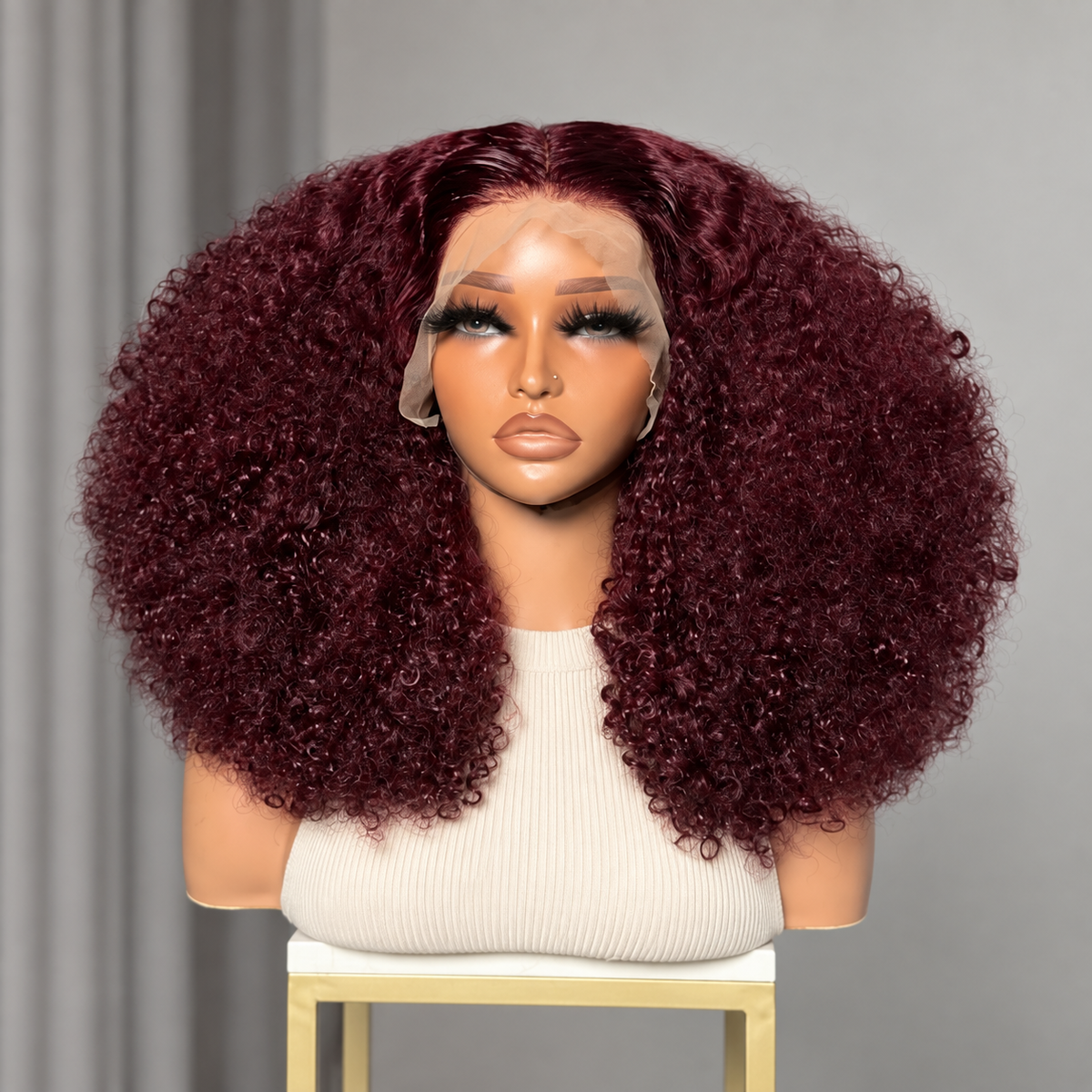 16 Inch Burgundy Curly 13x4 Lace Front Human Hair Wig – Full & Voluminous